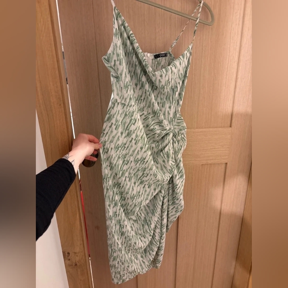 Green Print Draped Slip Dress